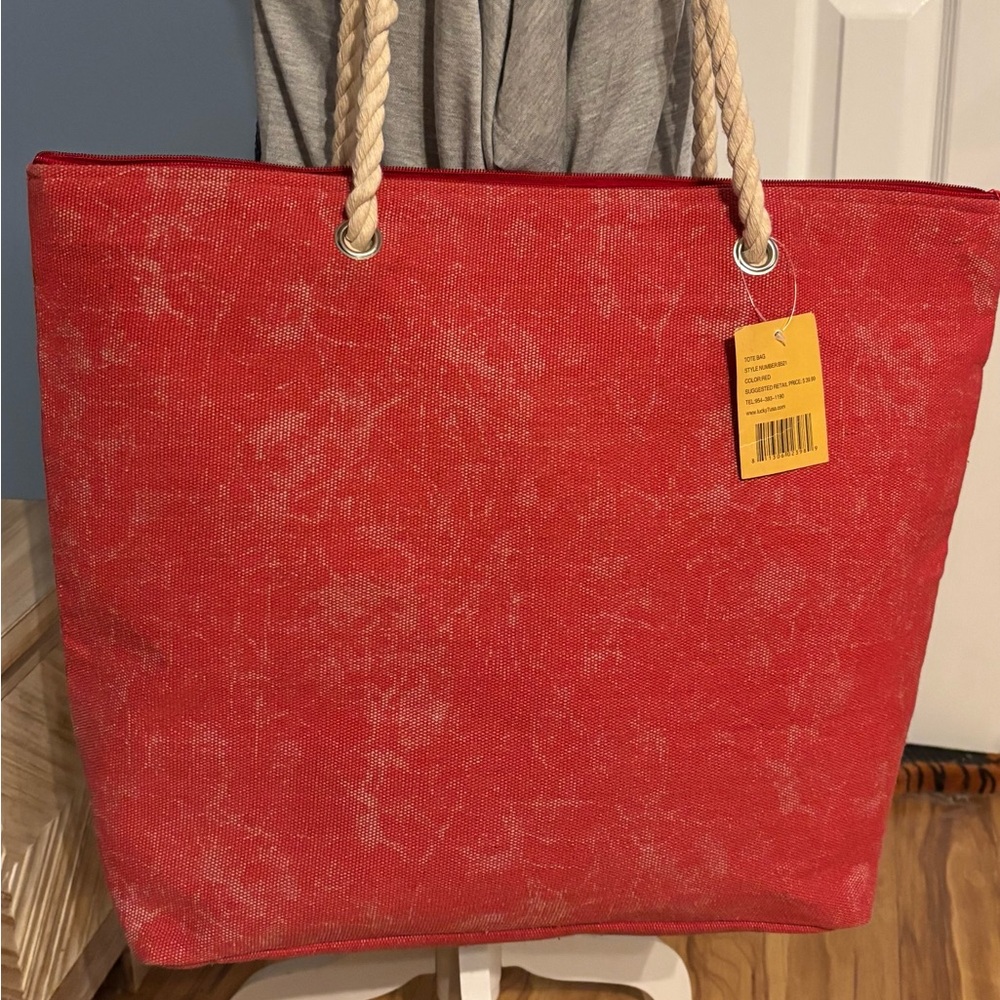 NWT Large Canvas Red Tote Bag with Rope Handles Beach Bag or around campus